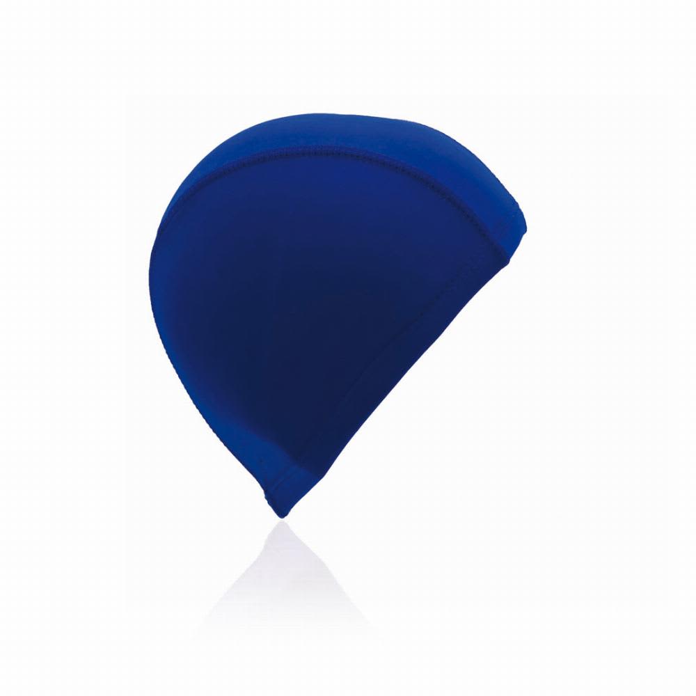 A swim cap in a solid blue colour with a seamless design, featuring a subtle sheen. It has a small branding logo. Micra - Image 1