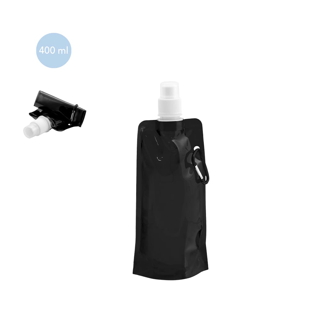 A drink bottle in black, featuring a squeeze top and a capacity of 400 ml. It includes a logo. Boxter Bottle - Image 1