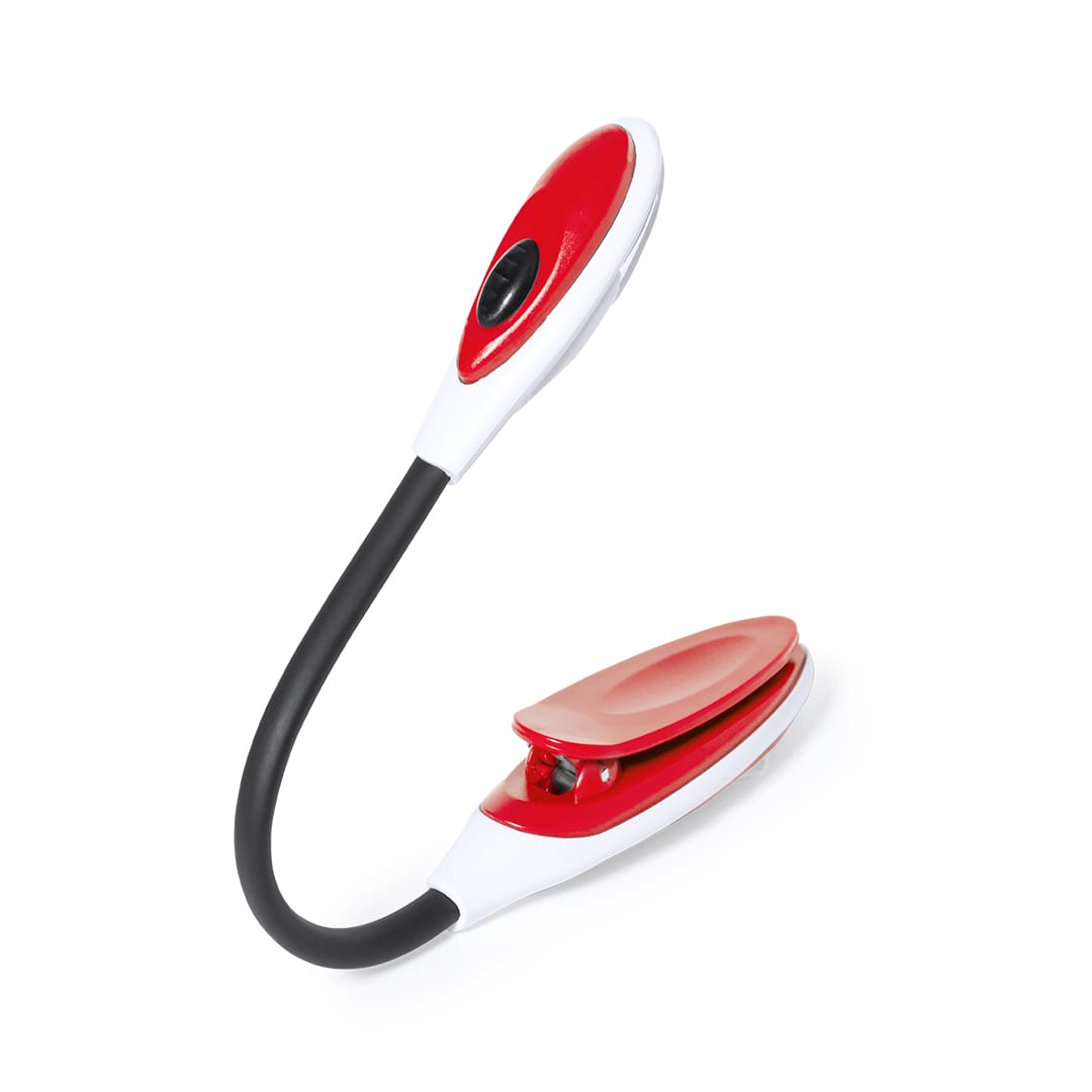 A flexible desk lamp with a red and white design, featuring a clip and a button for control. Lektura Lamp - Image 1