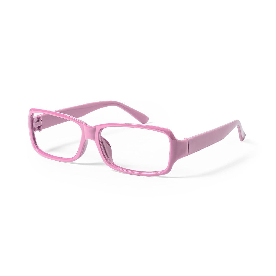 A pair of pink glasses with a rectangular frame and no lenses, featuring a simple design. Martyns No Lens Glasses - Image 1