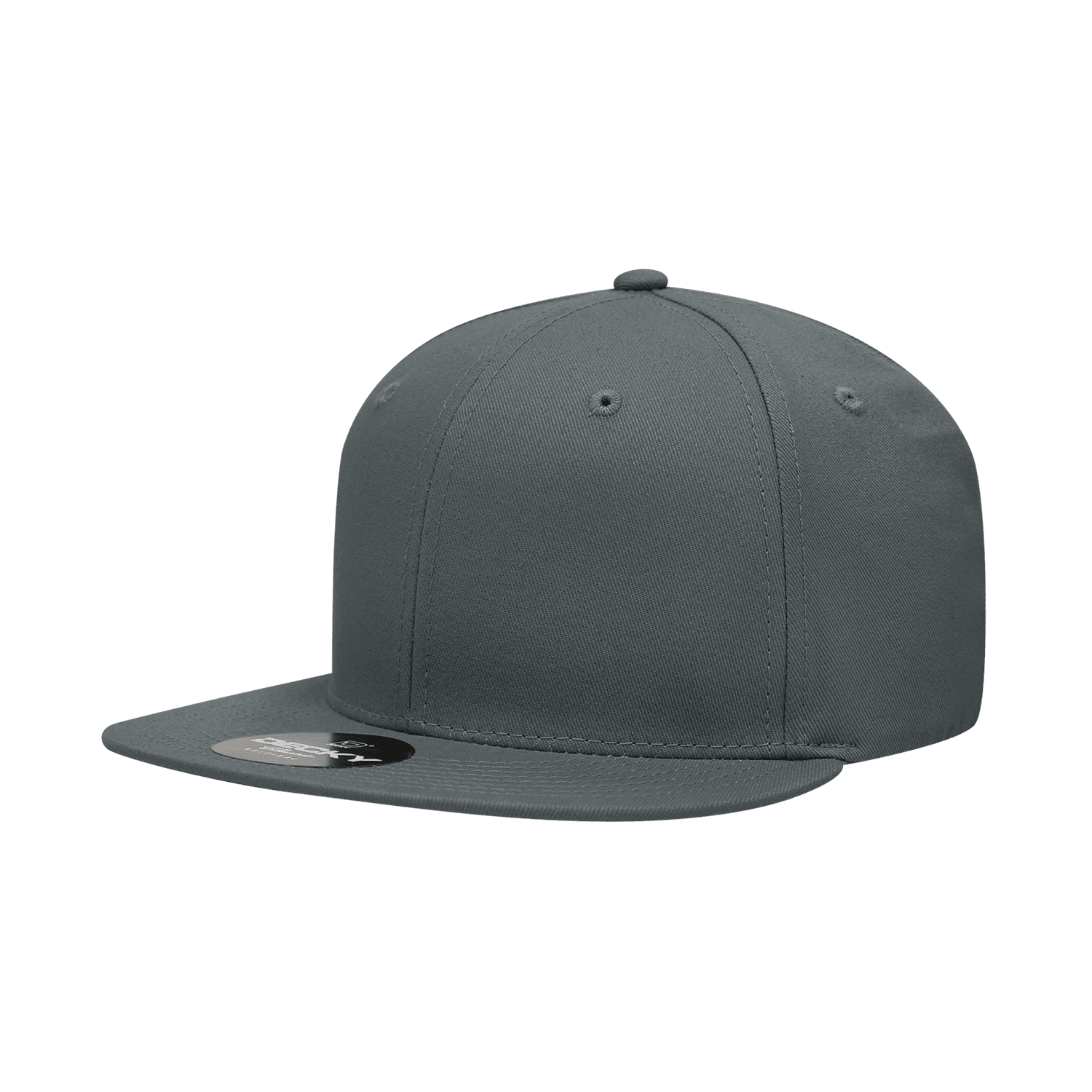 A grey high profile structured snapback cap with a flat brim and a fitted design. It features a logo. 6 Panel High Profile Structured Snapback - Image 1