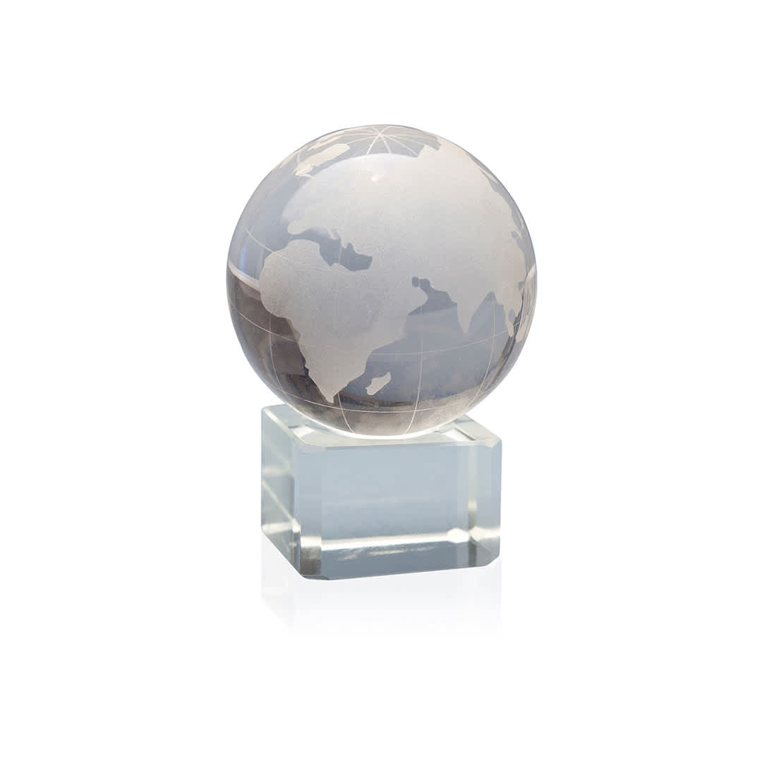 A globe made of clear glass, with etched continents, sitting on a clear, square base. World Ball - Image 1