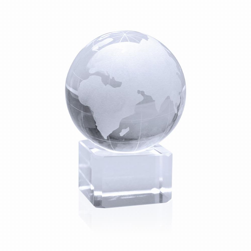 A crystal globe ornament with a clear base, showcasing an etched map of the world in shades of white and grey. World - Image 1
