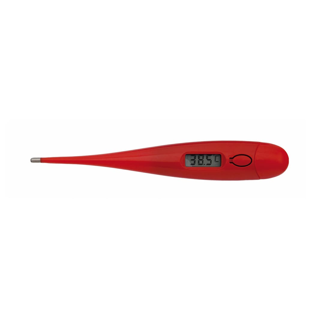 A red digital thermometer with a display showing a temperature reading. It has a slim design and a pointed tip. Kelvin Digital Thermometer - Image 1