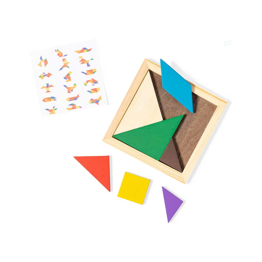 A wooden Tangram puzzle set featuring various geometric shapes in blue, green, yellow, red, and purple. Tangram Puzzle - Image 1