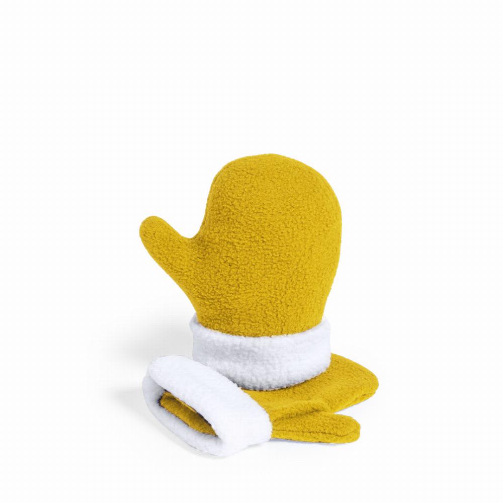 A pair of yellow fleece mittens with white cuffs, stacked on a white background. The mittens have a playful design. Siku - Image 1
