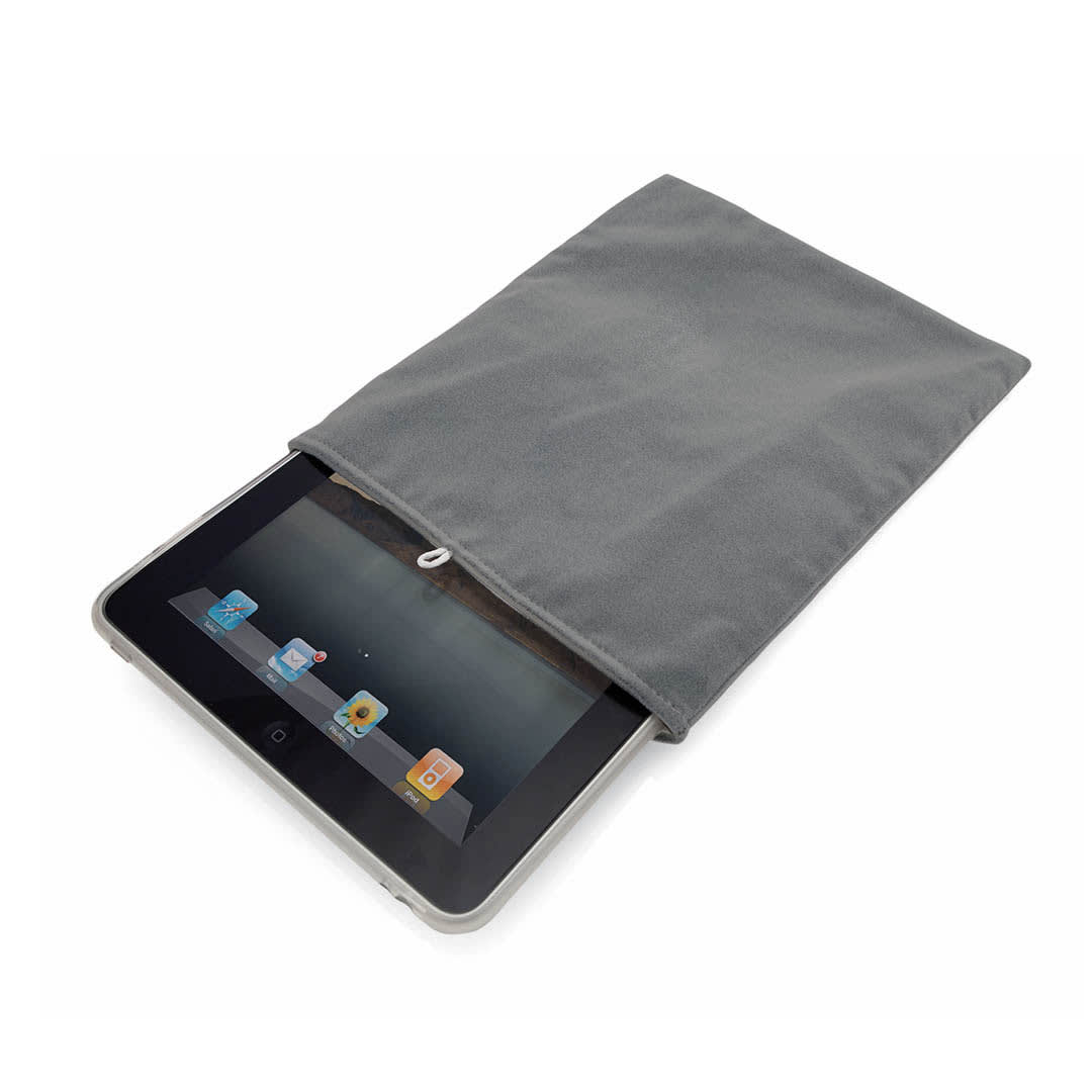 A grey tablet case partially covering a tablet, featuring a smooth texture and a design with a logo. Mega Tablet Case - Image 1