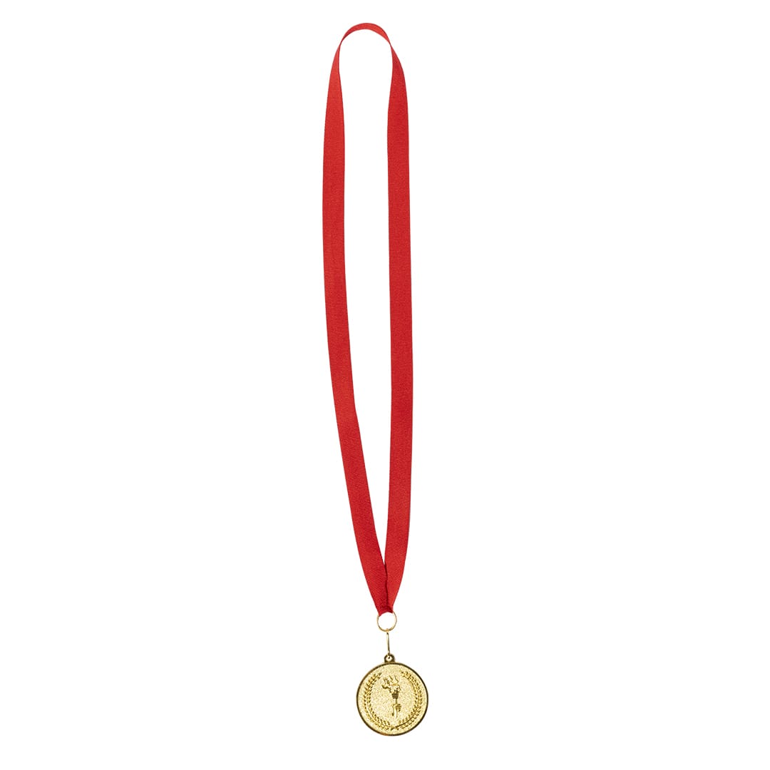 A gold medal with a textured surface, hung from a red ribbon. The medal features a logo. Corum Medal - Image 1