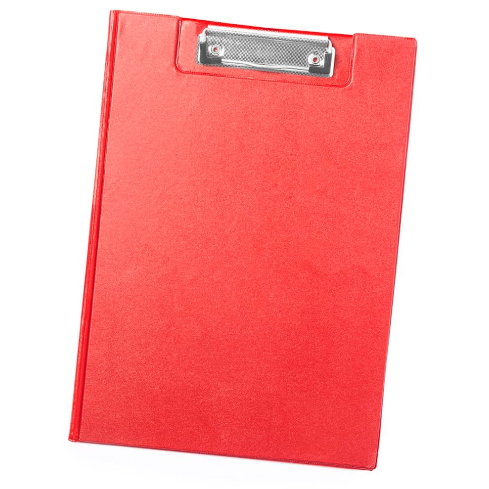 A red clip folder featuring a metal clip at the top, designed for office and business use. Clasor Folder - Image 1