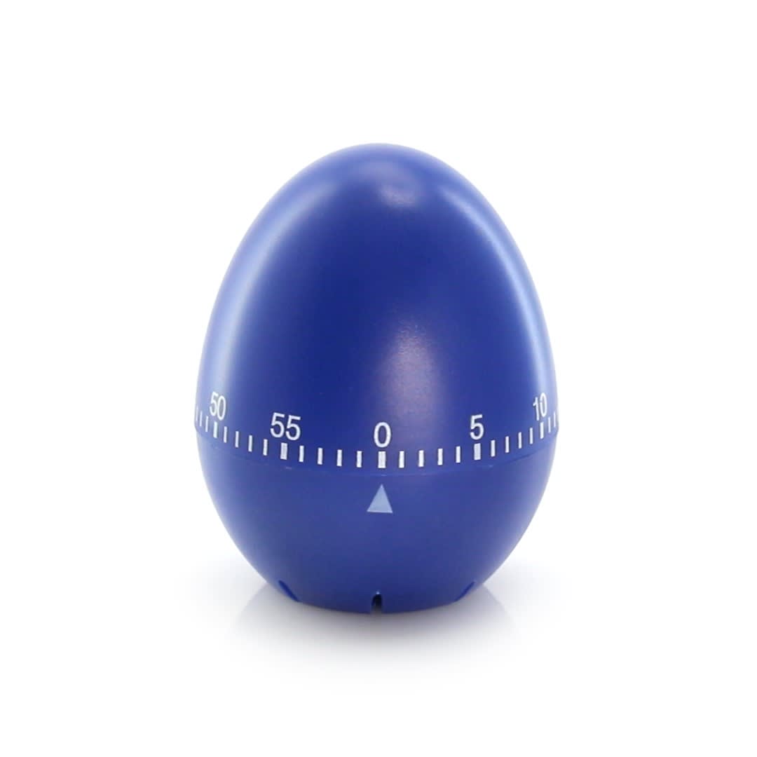 A blue egg-shaped timer with a white scale, indicating minutes from 0 to 60, and a triangular pointer. Revey Timer - Image 1