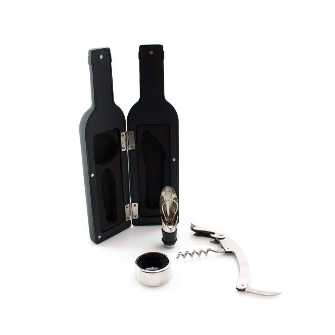 A black wine set featuring two bottle-shaped cases, a corkscrew, a pourer, and a wine stopper inside. Sarap Wine Set - Image 1