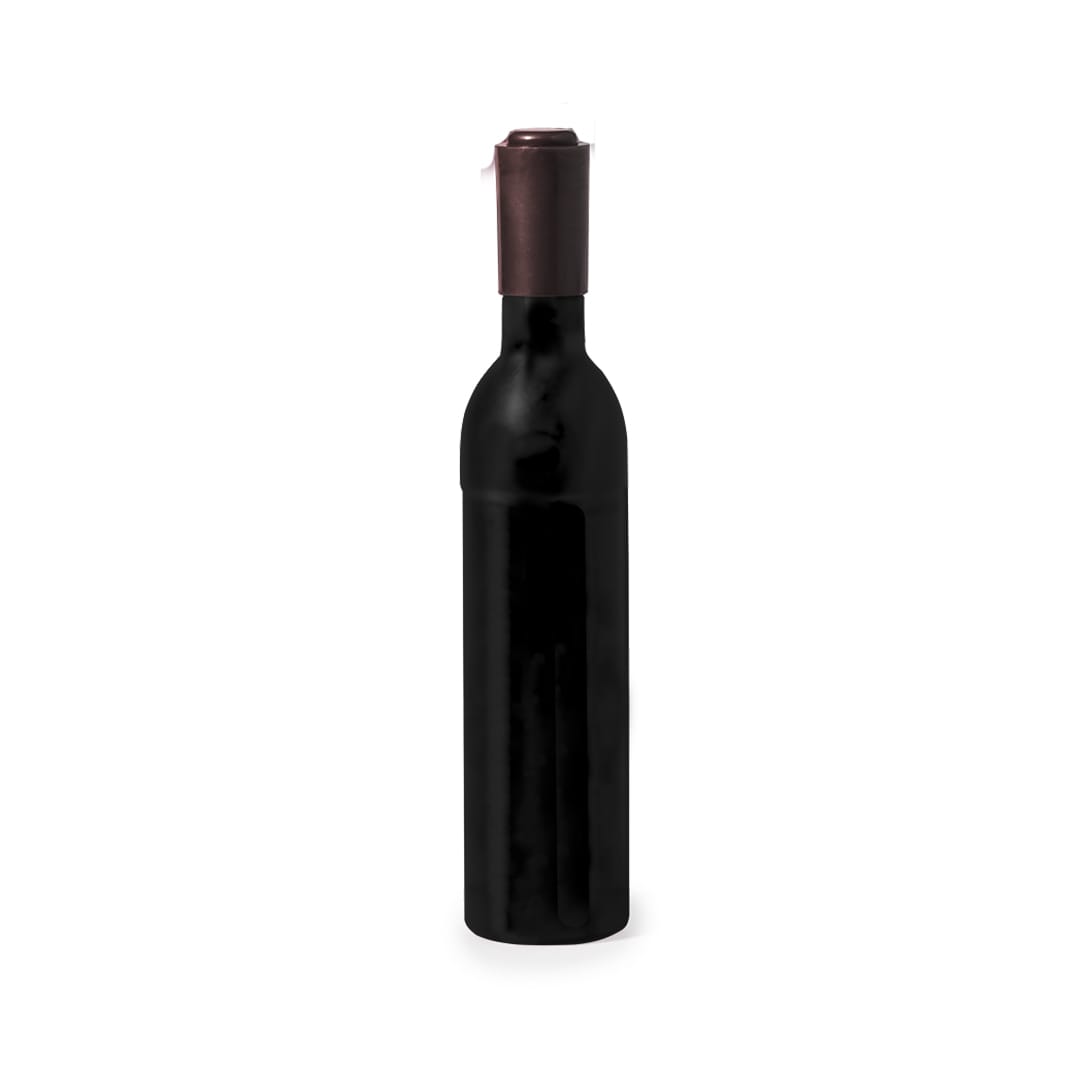 A black wine bottle with a dark metallic cork. The bottle has a logo on it. Nolix Corkscrew - Image 1