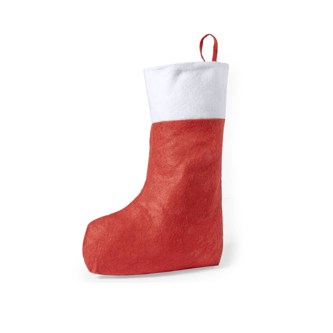 A red and white stocking, made of felt, designed for holiday décor. It features a hanging loop. Saspi Sock - Image 1