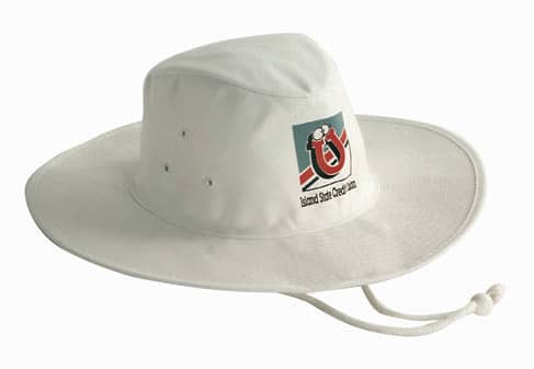 A white poly cotton slouch hat featuring a logo on the front and a chin strap. Poly Cotton Slouch Hat - Image 1