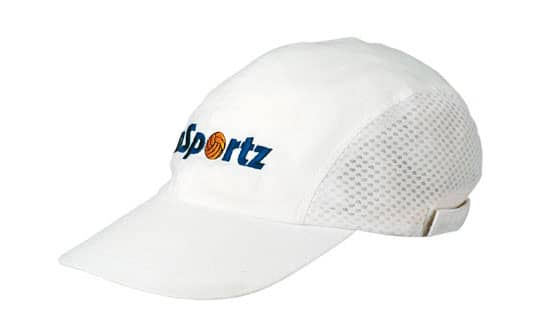 A white cap with mesh paneling, featuring a logo on the front. Brushed Cotton - Image 1
