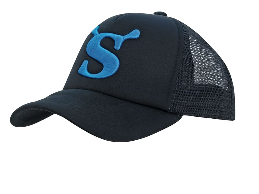 A black trucker cap with a blue embroidered logo and a mesh back for ventilation. Kids Trucker Cap - Image 1