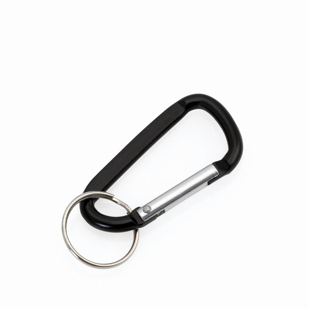 A black carabiner clip with a silver keyring attached. It has a sturdy design and a metal finish. Zoko - Image 1