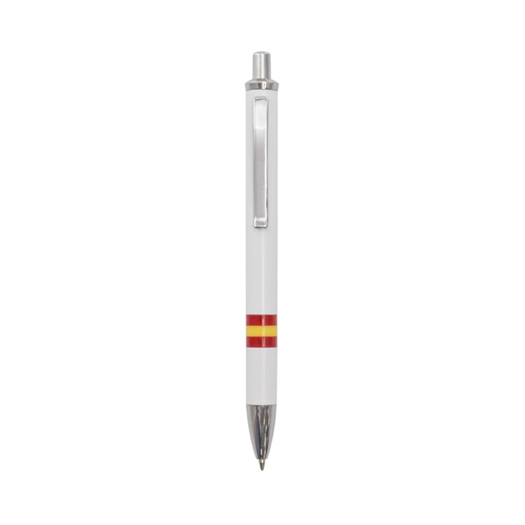 A white metal pen featuring red and yellow stripes and a silver clip. It has a sleek design and polished finish. Horten Pen - Image 1