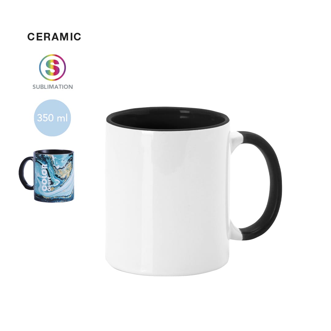 A ceramic coffee mug featuring a glossy black interior and handle, designed for sublimation printing, with a capacity of 350 ml. Harnet Sublimation Mug - Image 1