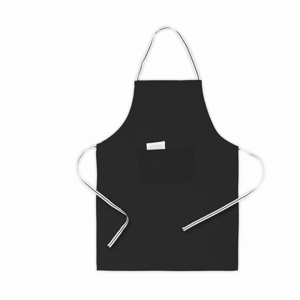A black cooking apron with a front pocket and white ties. It features a simple, classic design. Bacatus - Image 1