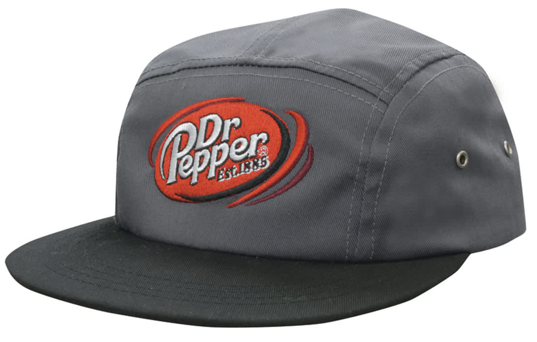 A grey and black cap featuring a red embroidered logo with a graphic design. The cap has a square front style. Cotton Twill Square Front - Image 1
