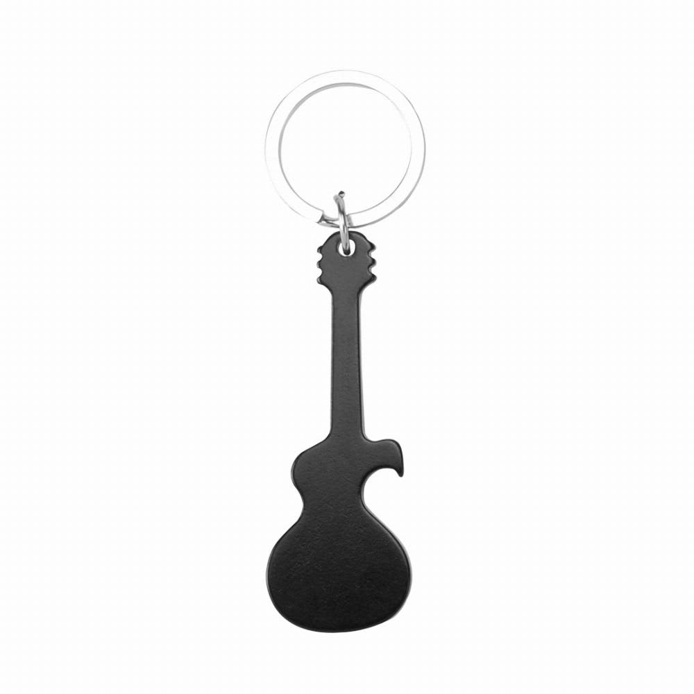 A keyring shaped like a black guitar, featuring a smooth silhouette design and a metal ring. Singe - Image 1