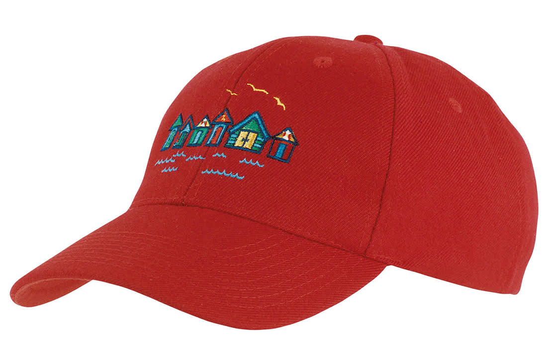 A red college cap featuring an embroidered design of houses near water with birds. It has a logo on the side. Premium American Twill College Cap - Image 1
