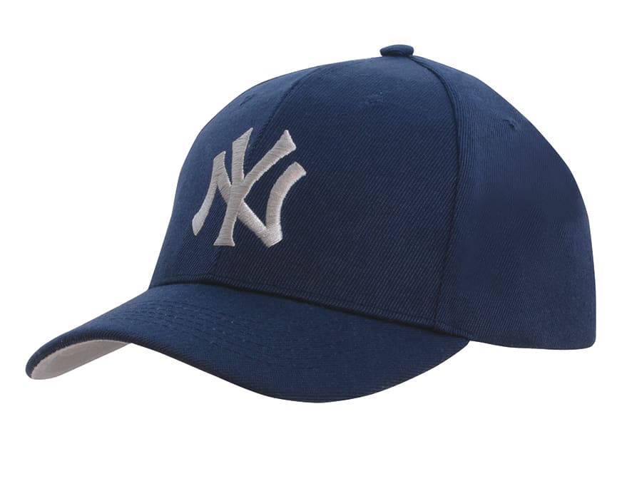 A navy cap with a contrast peak and an embroidered logo on the front. Features a curved brim. Premium American Twill with Contrast Peak Under - Image 1