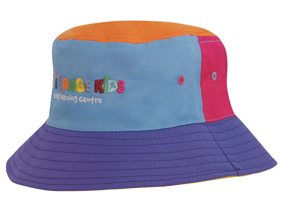 A multi-coloured child’s bucket hat featuring blue, orange, pink, and purple panels, with a logo on the front. Breathable Poly Twill Childs Bucket Hat - Image 1