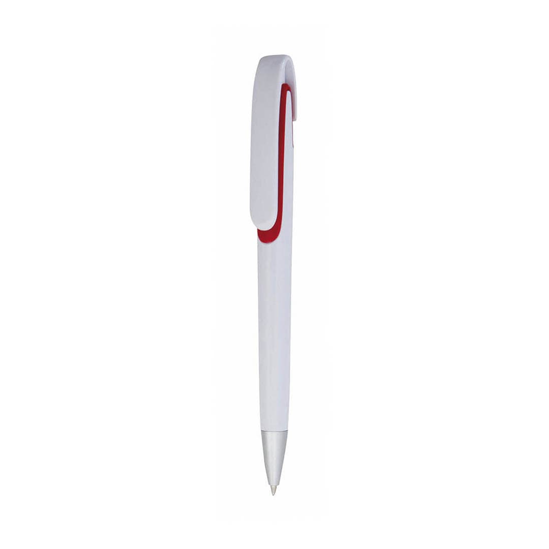 A plastic pen in white with a red accent, featuring a clip and a silver tip. Klinch Pen - Image 1