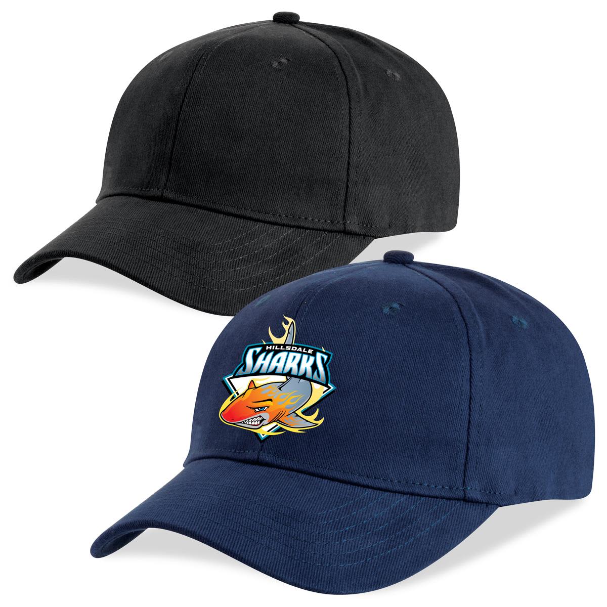 A black cap and a navy cap, featuring a logo on the navy cap. Both are structured baseball-style headwear. OneFit Cap - Image 1