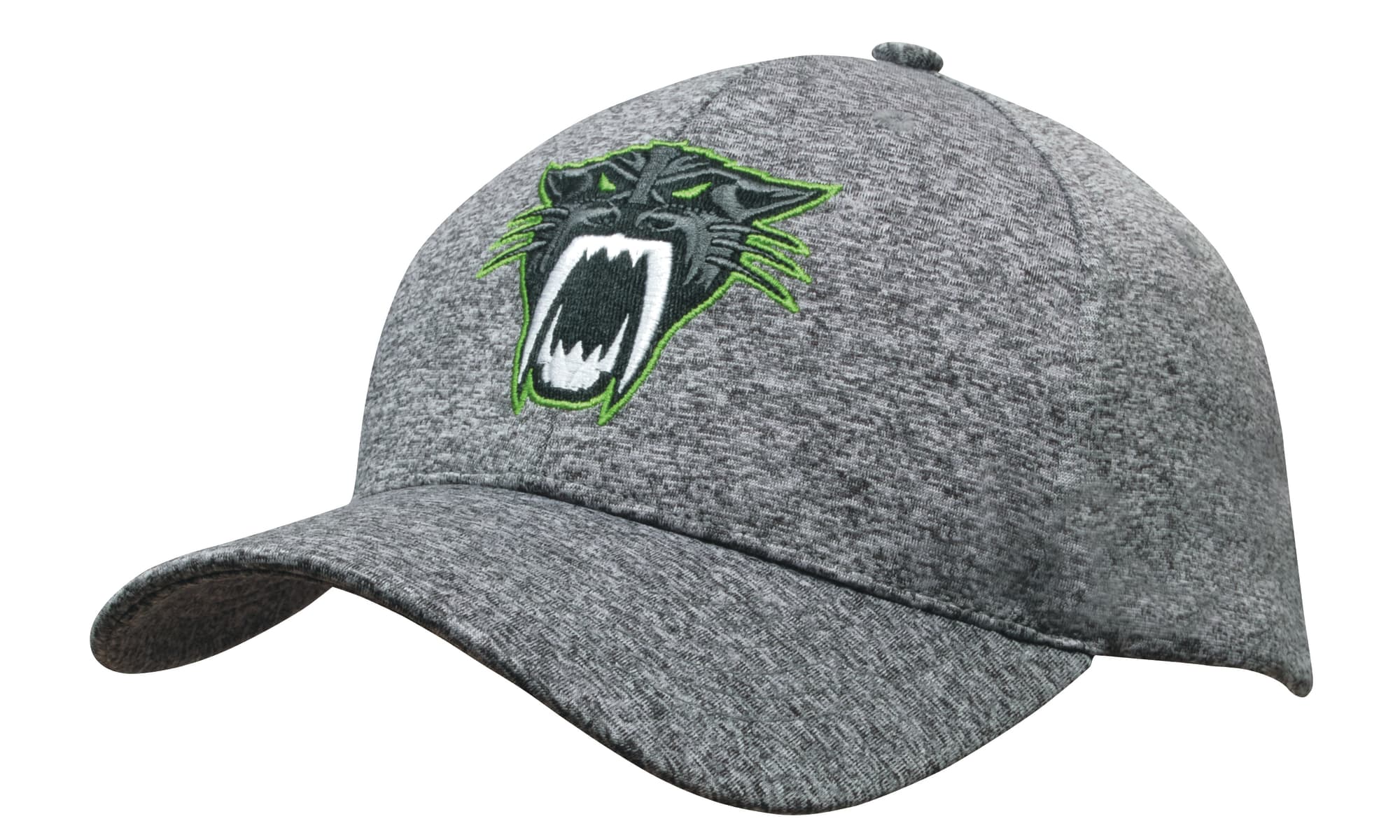 A grey sports cap featuring an embroidered panther logo in green and black. Cationic Sports Jersey - Image 1