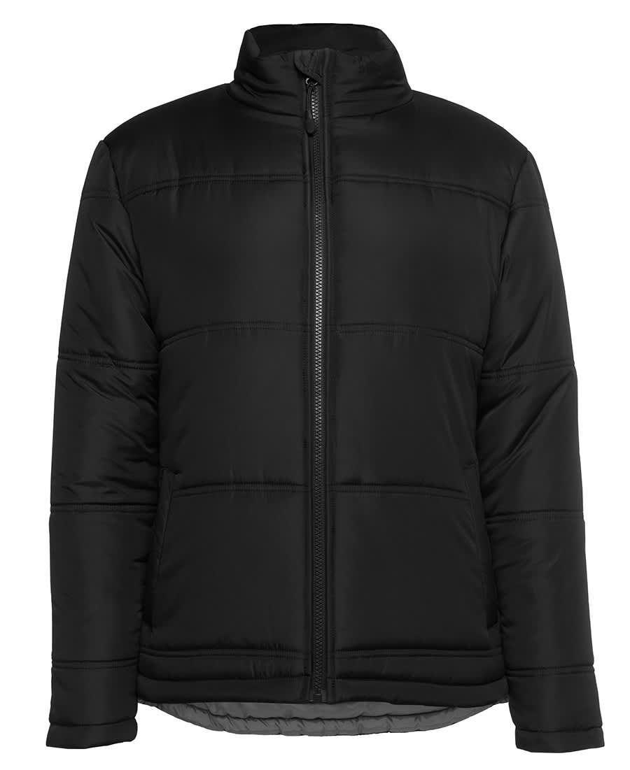A black and grey puffer jacket featuring a zip front and a high collar, with a logo on the chest. JB's Ladies Adv Puffer Jacket - Image 1