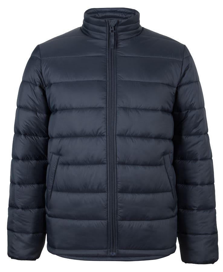 A dark blue puffer jacket with a front zip and a high collar, featuring a logo on one side. JB's Urban Puffer Jacket - Image 1