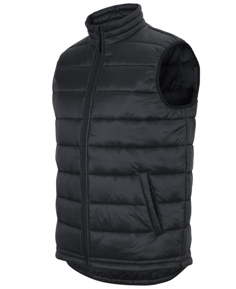 A black urban puffer vest with a zip front and side pockets, featuring a branding logo. JB's Urban Puffer Vest - Image 1