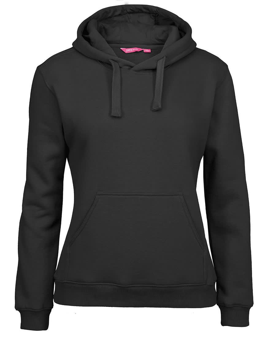 A black women's hoodie with a front pocket and a drawstring hood, featuring a branded logo. JB's Ladies Fleecy Hoodie - Image 1
