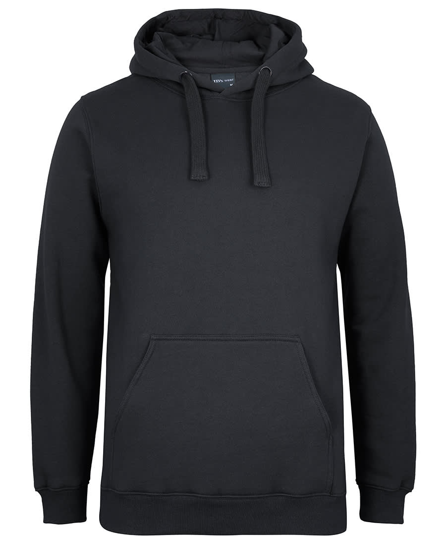 A black hoodie featuring a front pocket and drawstrings on the hood. It has a logo on the label. JB's Fleecy Hoodie - Image 1