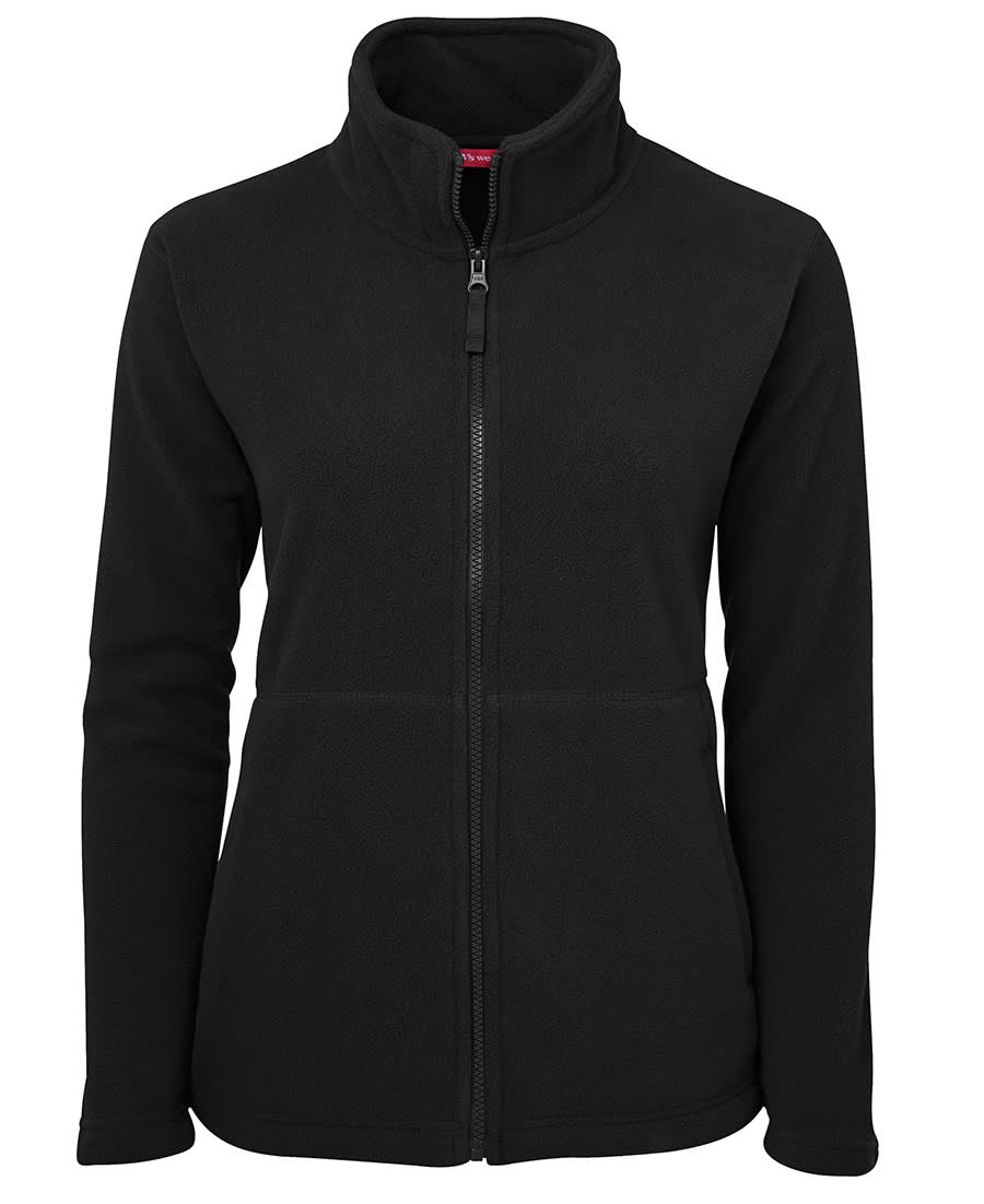A black ladies' full zip polar fleece jacket with a high collar and zippered front pockets. Features a logo. JB's Ladies Full Zip Polar - Image 1