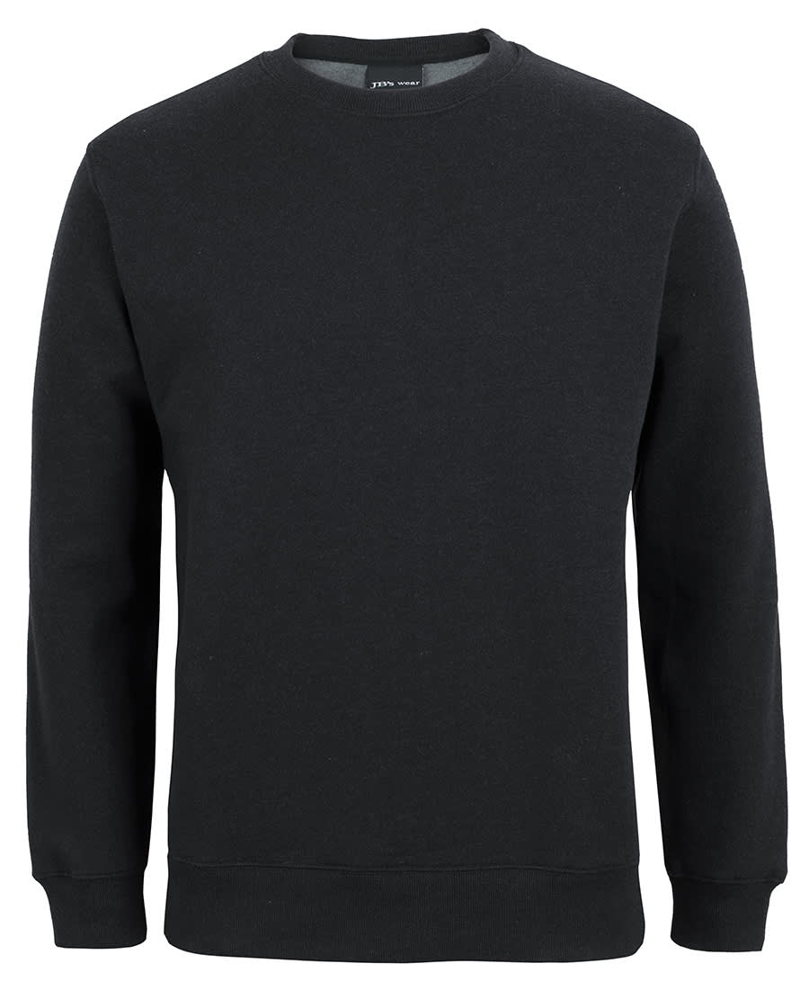 A black jumper with a crew neck and long sleeves. It features a solid design and includes a branding logo. JB's Fleecy Sweat - Image 1