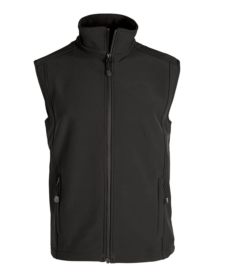 A black softshell vest with a stand-up collar and zippered pockets. It features a logo on the front. JB's Layer (Softshell) Vest - Image 1