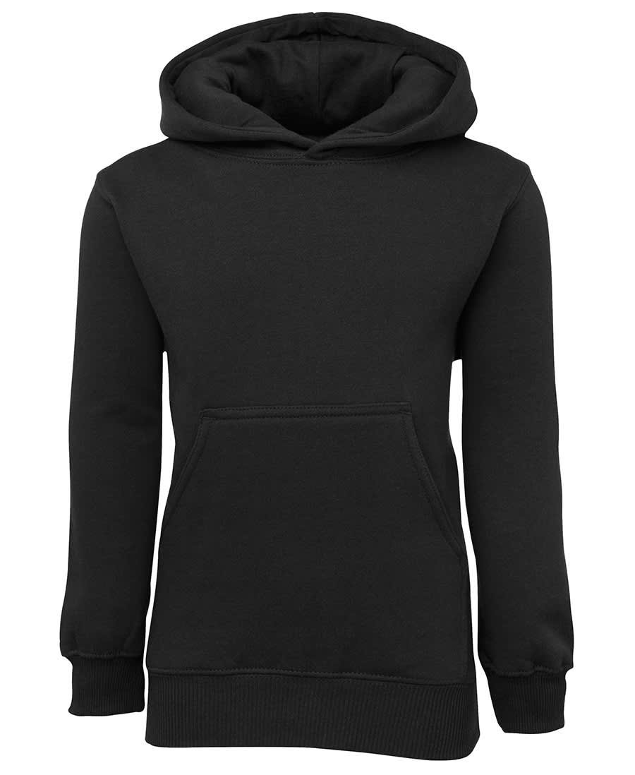 A black fleecy hoodie featuring a front pocket and a hood, ideal for kids. It has a branded logo. JB's Kids Fleecy Hoodie - Image 1