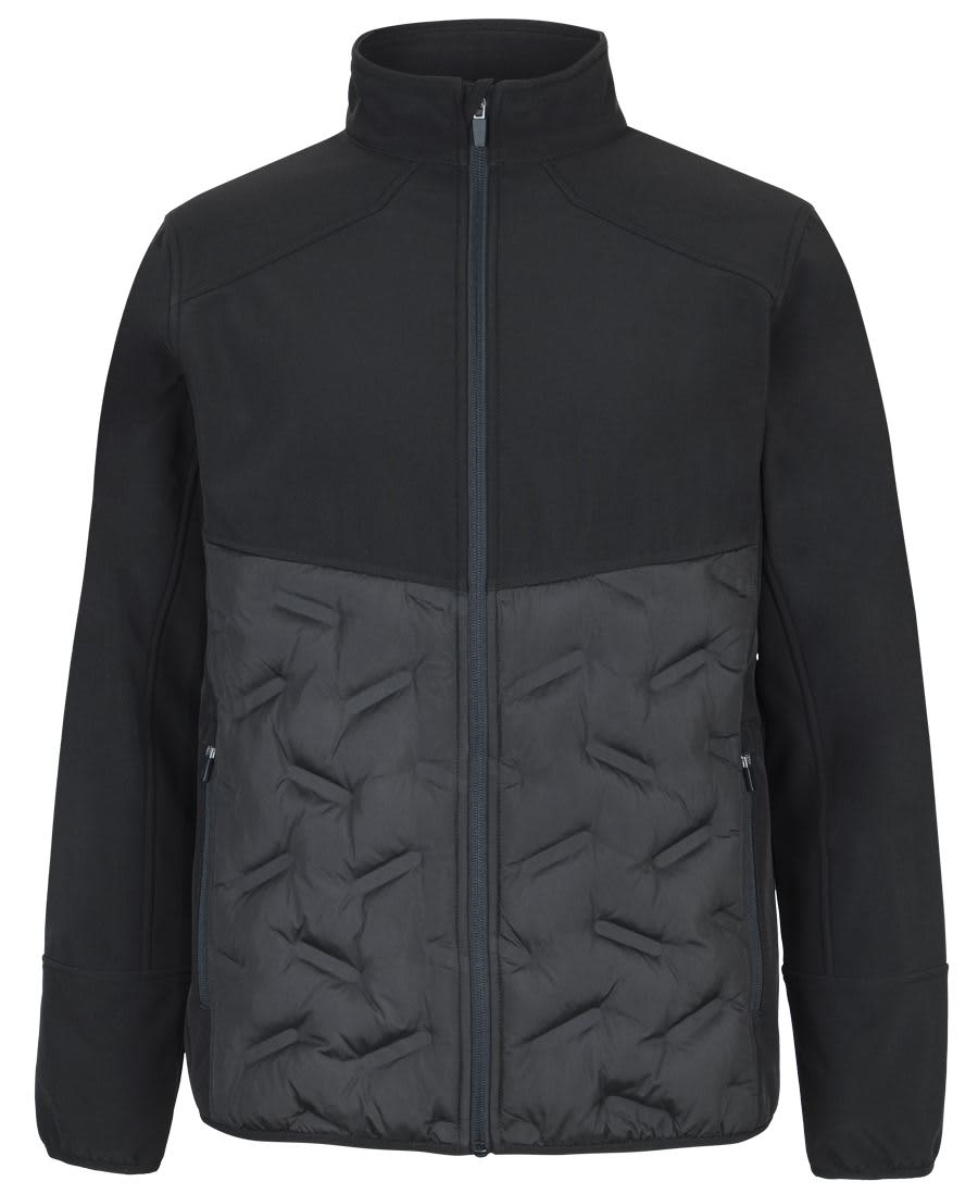A black hybrid jacket featuring a soft shell upper and quilted lower section, with side pockets and a front zip. Podium Hybrid Jacket - Image 1