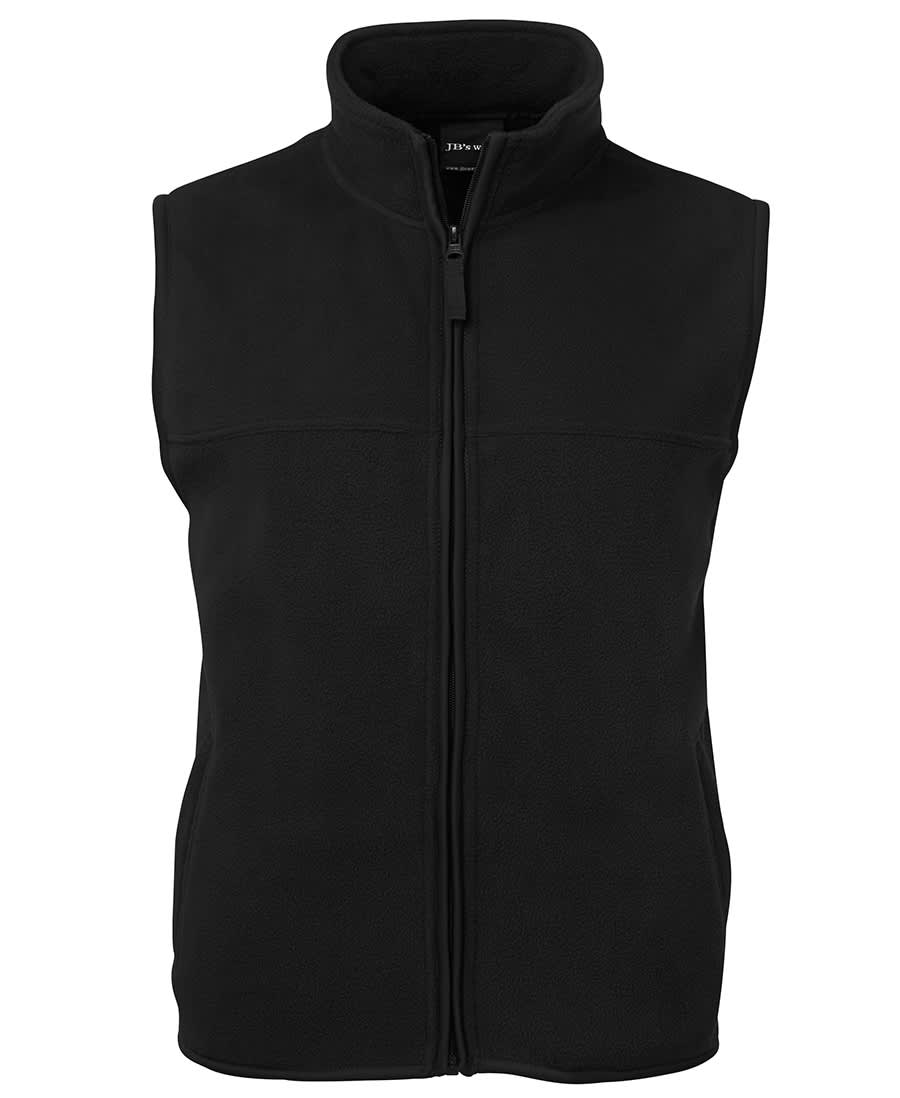 A black polar vest with a high collar and zip closure, featuring side pockets and a logo on the chest. JB's Polar Vest - Image 1