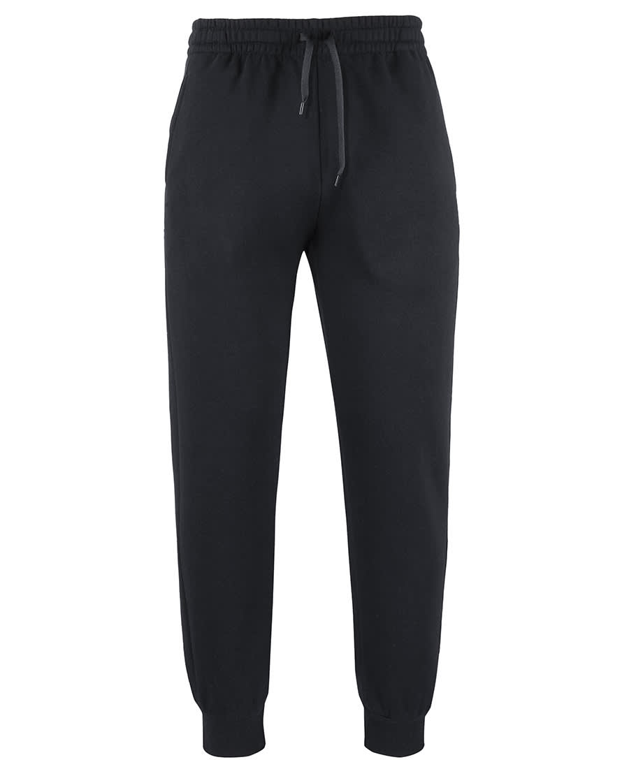 Black track pants with an elastic waistband and adjustable drawstring, featuring a tapered leg design. C of C - Image 1
