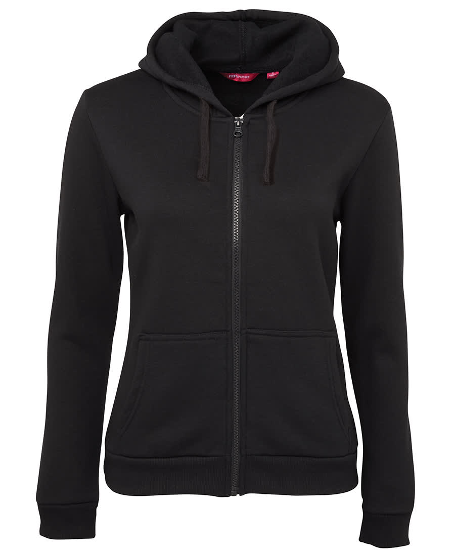 A black ladies' full zip hoodie featuring a hood and front pockets, with a logo on the garment. JB's Ladies P/C Full Zip Hoodie - Image 1