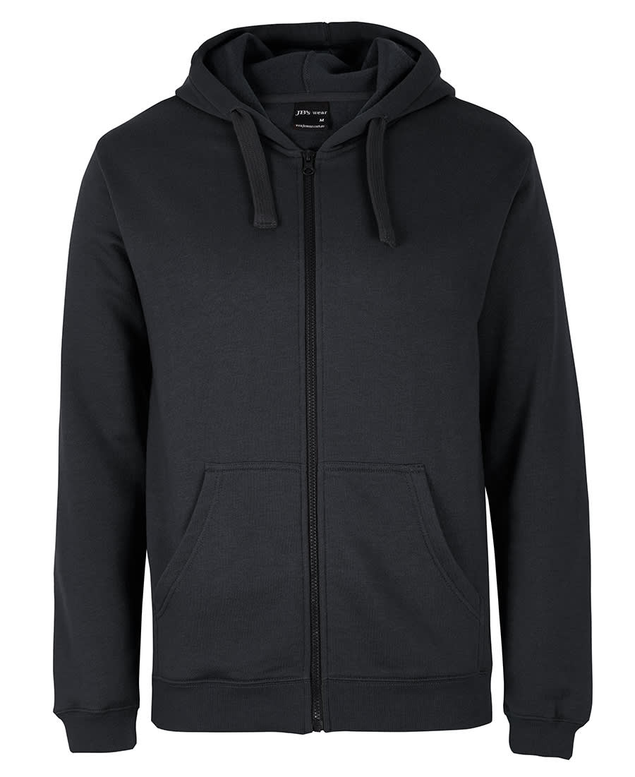 A dark green zip-up hoodie featuring a hood and front pockets, with a logo on the label. JB's - Image 1