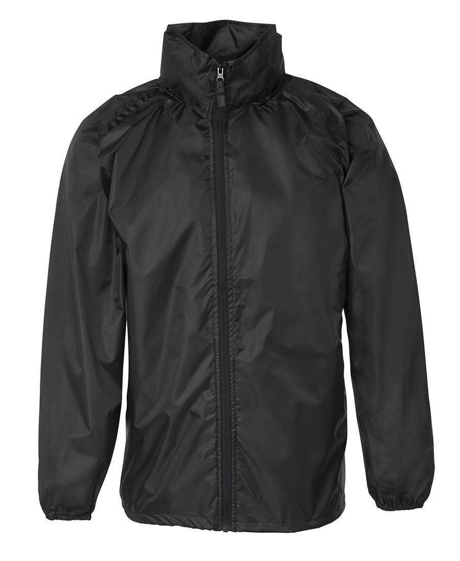 A black rain jacket with a zip front and a high collar. It features elastic cuffs and a branding logo. JB's - Image 1