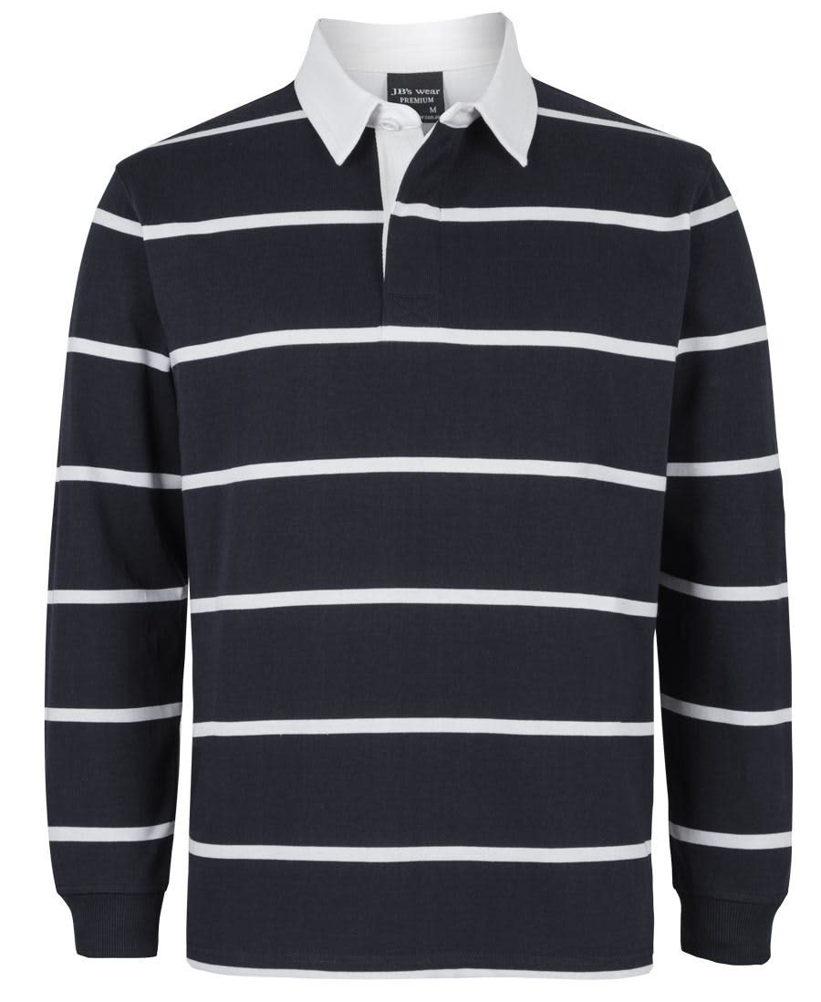 A striped navy and white long-sleeve polo shirt with a collar, featuring a logo on the chest. JB's Yarn Dyed Rugby - Image 1
