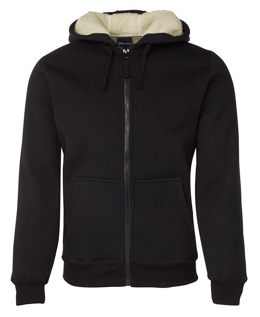 A black hoodie featuring a natural-coloured fleece lining and a front zip. It has a logo on the chest and pockets. JB's Shepherd Hoodie - Image 1
