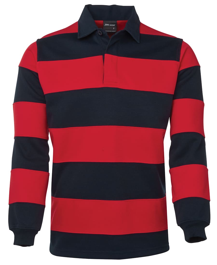 A rugby shirt featuring red and navy striped patterns with a collar. It has long sleeves and a logo. JB's Rugby Striped - Image 1